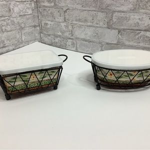 Lot of 2 Temptations Old World Green Small Baking Dishes Oval Rectangular Rack